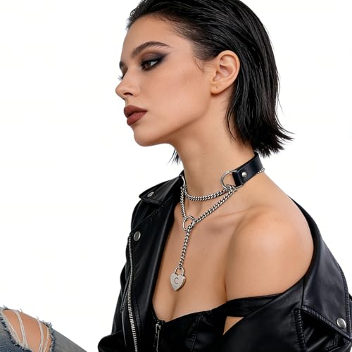 Heart Slip Chain Necklace Black Punk Gothic Leather Choker Collar Necklaces for Women - size: Large