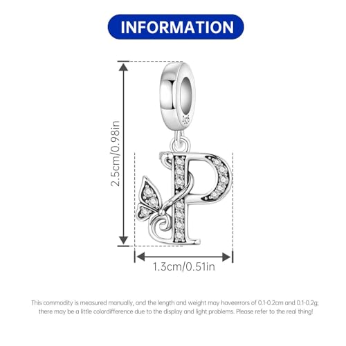2 Pack 925 Sterling Silver Butterfly Letter Charms for Bracelets and Necklace Alphabet Initial Dangle Pendants Round Spacer Beads Pave Cubic Zirconia Jewelry Gift for Women - color: P Set