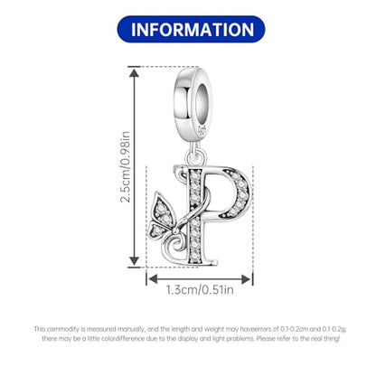 2 Pack 925 Sterling Silver Butterfly Letter Charms for Bracelets and Necklace Alphabet Initial Dangle Pendants Round Spacer Beads Pave Cubic Zirconia Jewelry Gift for Women - color: P Set