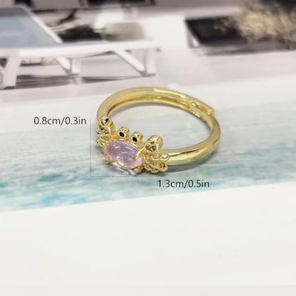 Dtja Crystal Crab Statement Ring for Women Gold Plated Expandable Cute Marine Animal Adjustable Open Wrap Finger Ring Elegant Birthday Holiday Party Jewelry - color: Light Pink