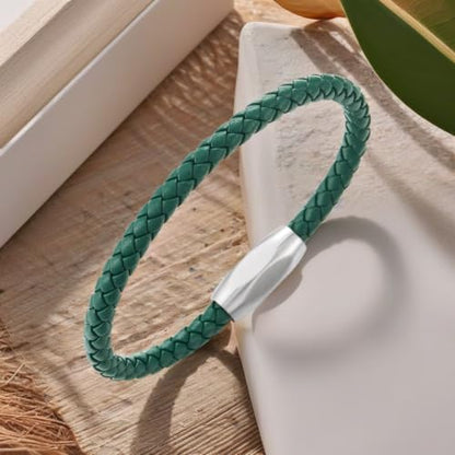COOLSTEELANDBEYOND Minimalist Mens Women Leather Bracelet, Thin Braided Leather Bangle, Steel Oval Magnetic Clasp - color: B-Color: Green
