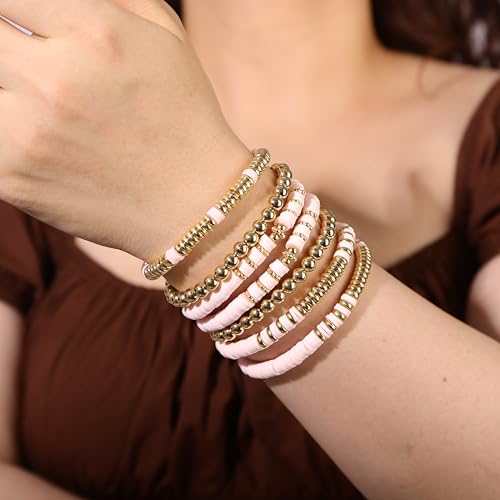 Heishi Clay Bead Bracelets Pack for Women Boho Friendship Stretch Bracelets Set Stackable Gold Beads Bracelets Jewelry for Gift - color: pink