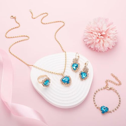 4 Pcs Heart Jewelry Set for Women fashion Cubic Zirconia Pendant Necklace Bracelet Earrings Dainty Open Ring Charm Prom Party, Birthday Valentines Mothers Day Christmas Jewelry Gift - style: Lake Blue