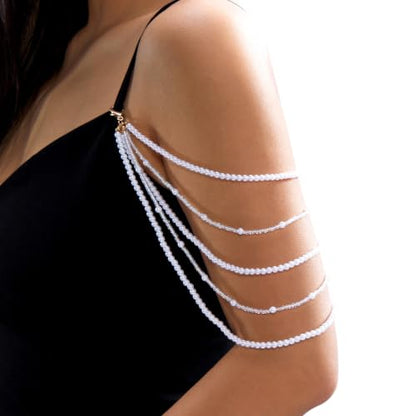 Multi Layer Pearl Beaded Arm Chain, Dainty Crystal Tassel Upper Arm Cuff Bracelet, Adjustable Bead Shoulder Body Chain Jewelry for Women Wedding Party Evening Prom Accessories