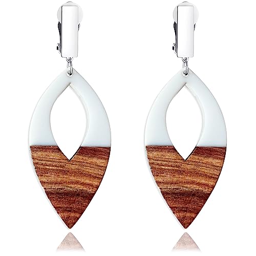 Wooden Geometric Clip On Earrings Women Gold Black Wood Non Pierced Ears Dangle Drop Earrings Triangle Leaf Comfortable Clip Earrings Jewelry - color: Leaf_White+Silver