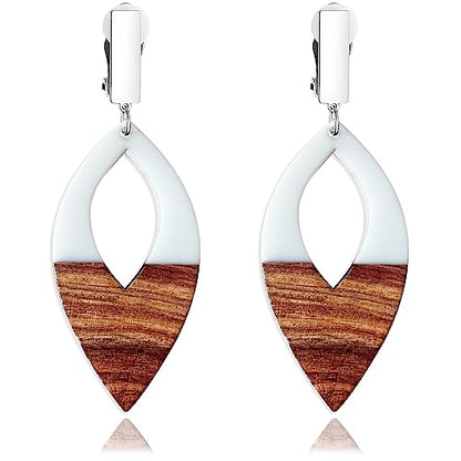 Wooden Geometric Clip On Earrings Women Gold Black Wood Non Pierced Ears Dangle Drop Earrings Triangle Leaf Comfortable Clip Earrings Jewelry - color: Leaf_White+Silver