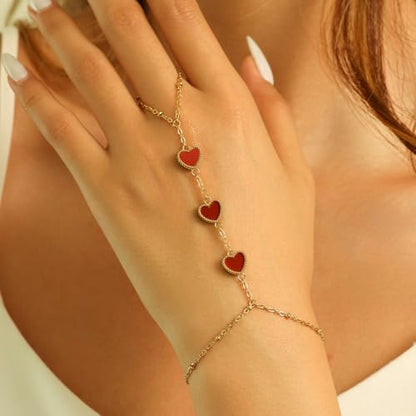 Hand Chain Bracelets for Women 14K Gold Plated Dainty Link Bracelet Bracelets Trendy Ring Bracelet Birthday Jewelry Gifts for Women - style: Red Heart