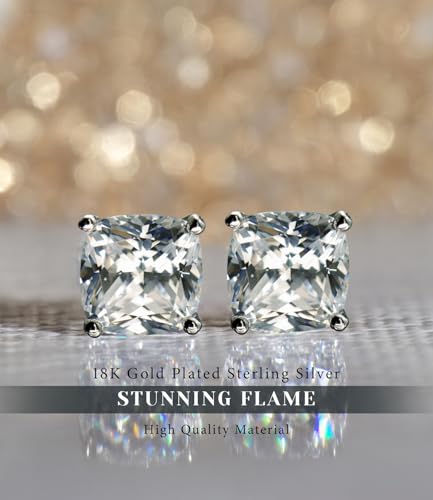"STUNNING FLAME" Trillion-cut/Cushion-cut/Emerald-cut/Marquise-cut ... 18K White Gold Plated Sterling Silver Cubic Zirconia Simulated Diamond Stud Earrings for Women - color: Cushion-Cut, size: medium-white gold plated silver