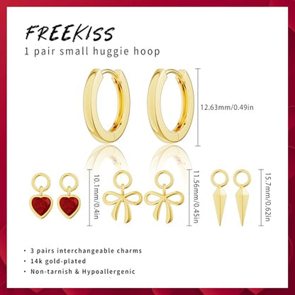Freekiss Gold Huggie Earrings with 3 Charms for Women | 14K gold-plated huggie hoops with cherry, bow, and pearl charms for interchangeable daily styling, parties, and gifts - color: Heart Bow Spearhead-GD