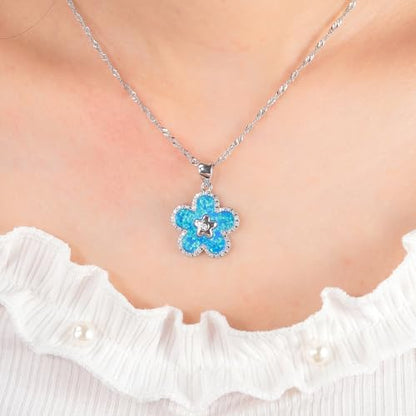 CiNily Opal Leaf/Flower Pendant Necklace for Women Silver Plated Jewelry Gift - color: Silver-Blue