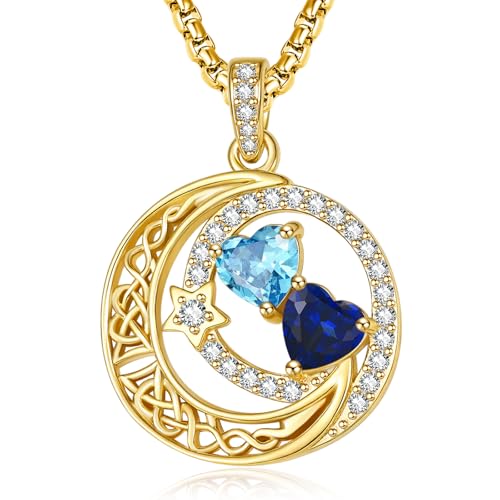 14K Gold Moon and Star Double Birthstone Necklace Gifts for Women | 2 Heart Birthstone Necklace,Mothers Day Wedding Anniversary Birthday Gifts for Wife Mom Daughter Grandma Sister - color: 03-09-Mar-Sept Birthstone