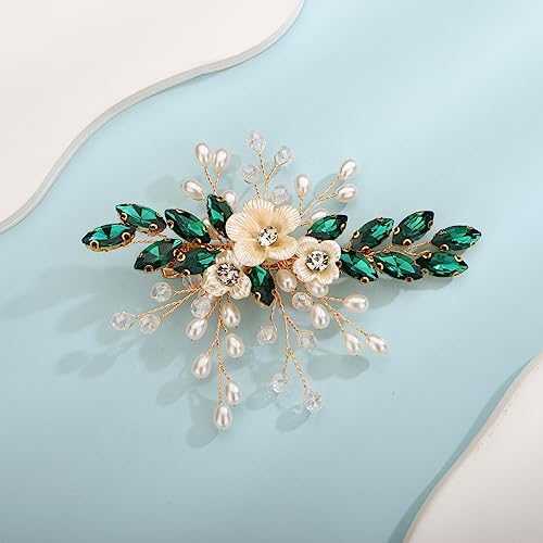 Xerling Green Rhinestones Crystal Flower Hair Barrettes Clip Boho Bridal Pearl Hair Jewelry Accessories for Women Wedding Floral Headpieces (Green) - color: Green
