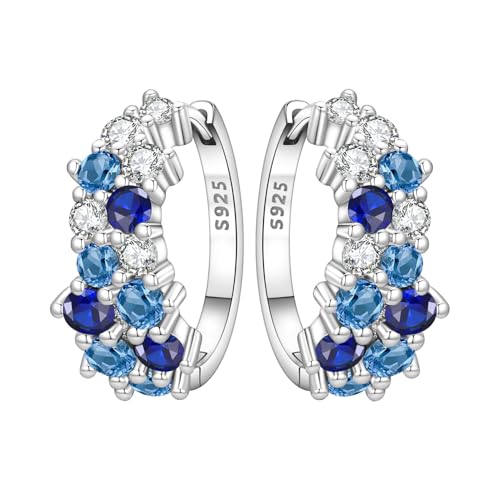 Floral Hoop Earrings 925 Sterling Silver with 14K Gold Plating – Lightweight CZ Flower Hoops | Hypoallergenic Jewelry for Women | Gift Box + Polishing Cloth - color: 21mm blue earrings