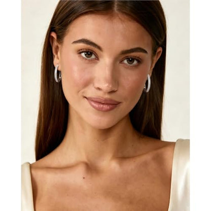RANKEEF Small Rhinestone Hoop Earrings 925 Silver Everyday Cartilage Hoops Hypoallergenic Dainty 14K Gold Plated Huggie Sparkle Double Row Cubic Zirconia Hoop Earrings 10/15/20/25mm - color: Silver, size: 25mm