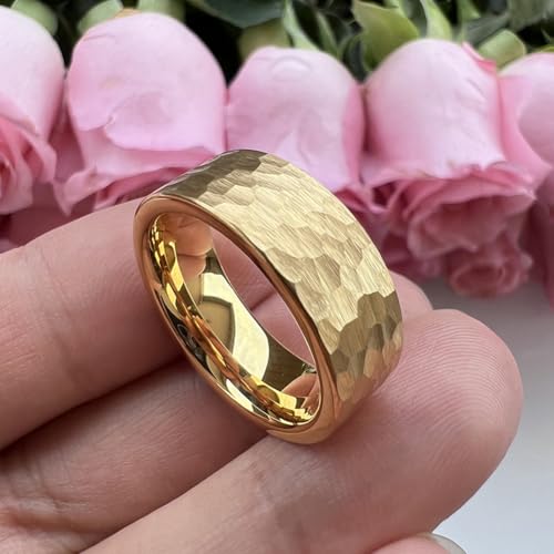 TUTISS 6mm 8mm Silver/Black/Gunmetal/Gold/Rose Gold Hammered Tungsten Rings for Men Women Couple Fashion Jewelry Engagement Wedding Bands Matte Finish Comfort Fit - color: 8mm Gold I Love You Engraved