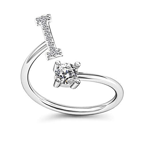 FUTIMELY Initial Letter Ring Alphabet Ring A-Z Silver Crystal Open Adjustable Personalized Initial Ring for Women - style: I