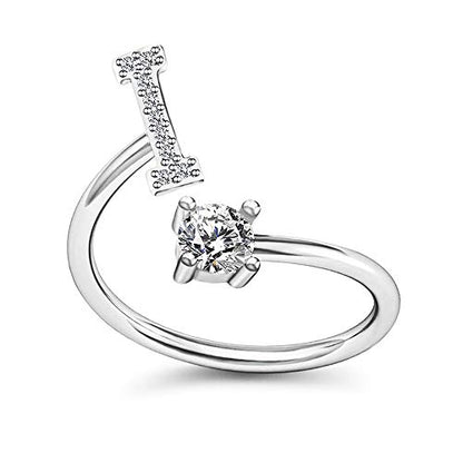 FUTIMELY Initial Letter Ring Alphabet Ring A-Z Silver Crystal Open Adjustable Personalized Initial Ring for Women - style: I