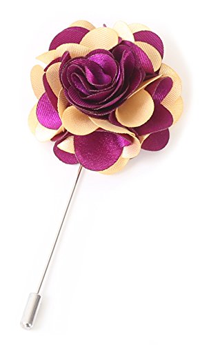 Gentleman's Essentials Premium Handmade Flower Lapel Pin Boutonniere - color: Violet Purple / Yellow [2 Tones Camellia]