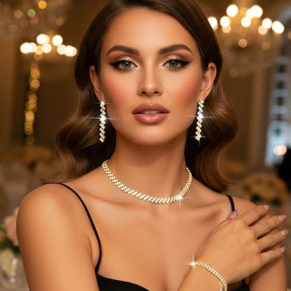 Aukmla Bridal Jewelry Set Silver Sparkly Choker Wedding Necklace Bracelet Earring Sets Prom Necklaces for Women and Brides - color: Gold
