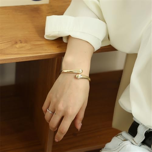 Minimalist Double Teardrop 14K Gold Plated Bangle Bracelets for Women Dainty Delicate Trendy Chunky Thick Hinge Cuff Wrist Bracelet Statement High Polished Fashion Jewelry Birthday Gift Her