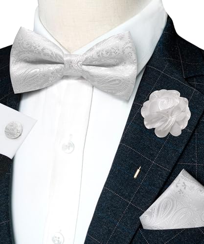 JEMYGINS Mens Paisley Bow Tie and Lapel Pin Necktie Pocket Square and Tie Clip with Sets for Business Casual 4PCS - color: White