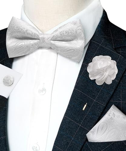 JEMYGINS Mens Paisley Bow Tie and Lapel Pin Necktie Pocket Square and Tie Clip with Sets for Business Casual 4PCS - color: White