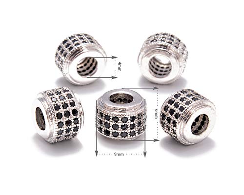 AD Beads Zircon Pave Rhinestones Big Hole Rondelle Spacer Beads 6x7mm 5Pcs Black on Silver - color: 5 Pcs Black on Silver 3 Row Rondelle (6x7mm)
