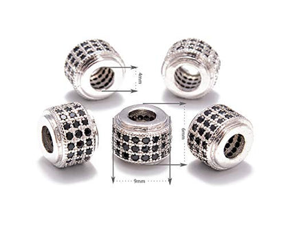 AD Beads Zircon Pave Rhinestones Big Hole Rondelle Spacer Beads 6x7mm 5Pcs Black on Silver - color: 5 Pcs Black on Silver 3 Row Rondelle (6x7mm)