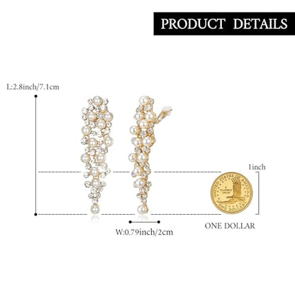 Bridal Statement Clip-on Earrings for Women Gorgeous Shiny Rhinestones Simulated Pearl Multi Beaded Cluster Chandelier Dangle Jewelry for Wedding Party Prom - color: Clear Gold-Tone
