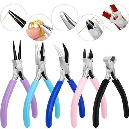 5 Pack Jewelry Pliers Tool Set, Wire Wrapping Tools for Jewelry Making | Bracelet And Earring Making Tools, Includes Round, Chain, Needle, Bent & Zipper Pliers, Repair Kit, Pinzas Para Joyeria