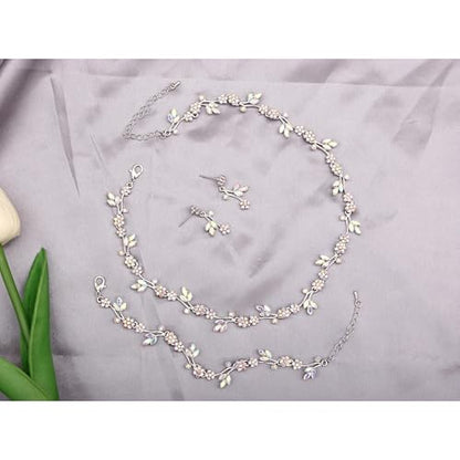 Brides Bridesmaid Flower Leaf Choker Necklace Dangle Earrings Link Bracelet Austrian Crystal Wedding Jewelry Set for Prom Costume Party Accessories for Woman - color: AB-White Platinum Plated