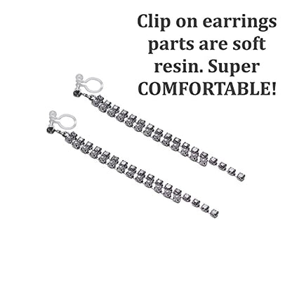Dangle Silver Invisible Clip On Earrings for Women Not Pierced Gold Crystal Rhinestone Comfortable Hoop Fringe Long Chain Clip On Earrings - color: Pearl & Crystal