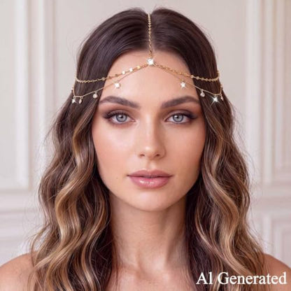 BARTOSI Rhinestone Head Chain Gold Wedding Headpiece Accessories for Women | Boho Crystal Head Chain Gold Forehead Layered Headband Prom Bridal Hair Jewelry - color: B-Gold