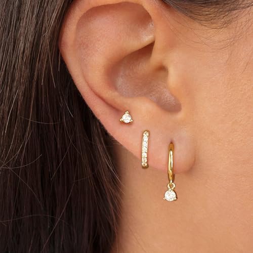 Freekiss 3 Pairs Hoop Earrings Set - Dainty Stud Dangle Cartilage for Women | Hypoallergenic Earrings, Cubic Zirconia Stackable Trendy Small Set Jewelry Gifts for Women - style: Rounded cz-GD