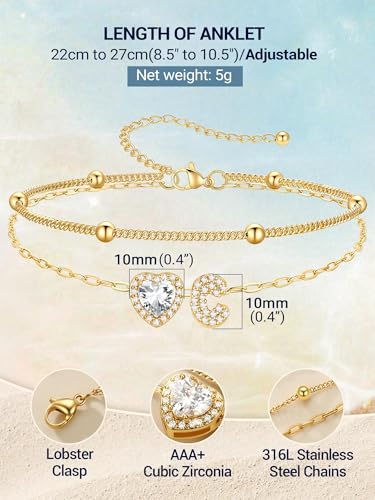 PROSTEEL Initial Ankle Bracelets for Women Waterproof, A-Z Gold/Silver Layered Anklets Adjustable, Summer Beach Gift Jewelry - color: Gold, size: C