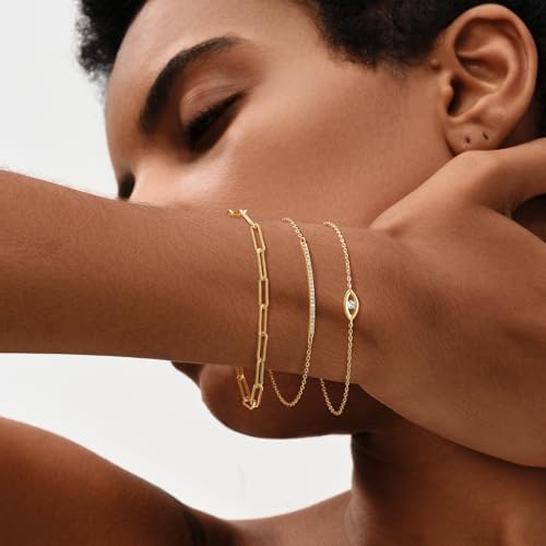 MEVECCO Dainty Chain Bracelets for Women, Layered and Charm Styles | 14K Gold Plated Brass, Select Cubic Zirconia Accents, Single and Multi-Row Structures for Refined Everyday Wristwear - style: White CZ Evil Eye