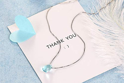 Caiyao Sweet Blue Waterdrop Round Bead Pendant Necklace Artificial Crystal Glass Simple Sea Teardrop Necklace for Women