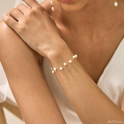 NECOCY 14K Gold Plated Pearl Bracelets for Women, Dainty Bracelets Stack Trendy Pearls Beaded Link Chain Charm Bracelets Set Layered Tiny Wedding Prom Jewelry Gift for Women Mother's Day Graduation - style: Style-2-Gold
