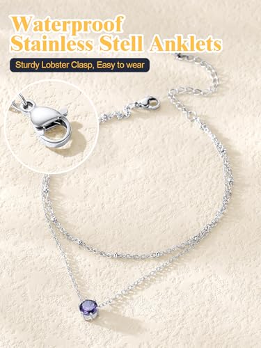 U7 Silver Ankle Bracelet for Women, Waterproof Layered Ankle Round Gem Birthstone Anklets, Summer Beach Foot Jewelry, Adjustable 8.5"-10.5" - color: 06.June-Alexandrite Purple