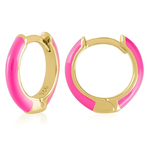 14K Gold Plated Sterling Silver Enamel Color Huggie Hoop Earrings for Women – Wide Range of Vibrant Color Options Available - color: Pink ( Light , Neon )