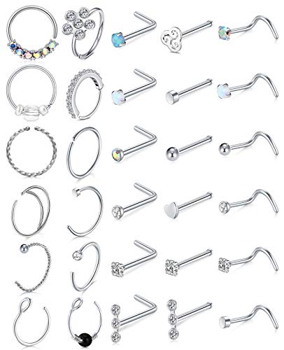 Longita 20g Nose Rings Hoop L Shape Nose Studs Stainless Steel Nose Screw Bone Flat Top Diamond Opal Heart High Nostril Piercing Jewelry Silver Rose Gold Black Pack for Women Men - color: 22- silver