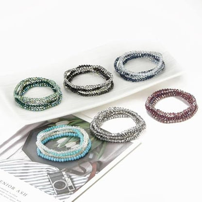 Boho Colorful Stackable Crystal Glass Beads Stretch Bracelets Multilayered Bracelets for Women Bohemian Jewelry - color: Black 4pcs