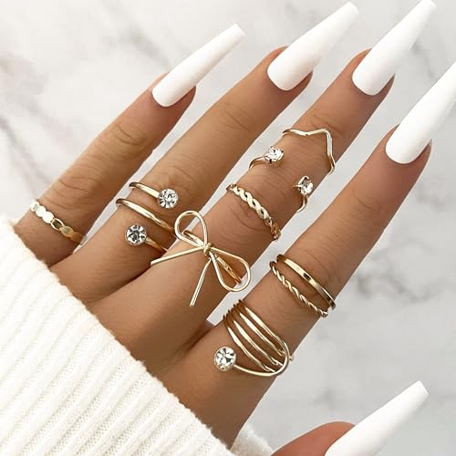 HUASAI Gold Stackable Rings Set for Women Boho Dainty Moon Star Pearl Leaf Cubic Zirconia Heart Midi Pinky Trendy Jewelry Birthday Gifts - color: Z16 Gold Bow Rings 8 Pcs
