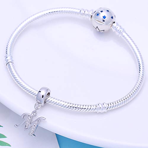 925 Sterling Silver Letter Charms Fits Pandora Bracelets, Gift for Women | A-Z Alphabet Initial Charm with CZ,Great gift for Christmas, Valentine's Day, Mother's Day. - color: M