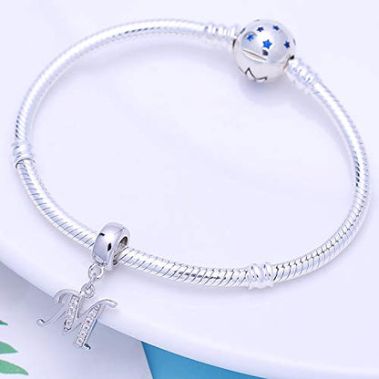 925 Sterling Silver Charms Alphabet Beads fit Pandora Charm Bracelets A-Z Letter Initial Spacer Dangle Clear CZ Stone Authentic for Snake Chain Bracelets - color: M