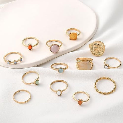 Chunky Gold Rings for Women Non Tarnish, Baroque Pearl Flower Tiger's Eye Stone Rings Adjustable Stacking Statement Rings Set Fashion Jewelry Gifts - style: Small colorful gem