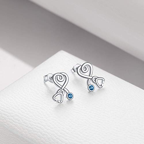 Stethoscope Earrings 925 Sterling Silver Heart Studs Earrings 12 Months Birthstone Crystals from Austria, Graduation Jewelry Gifts for Nurse Doctor RN Medical Student - color: Simulated Aquamarine