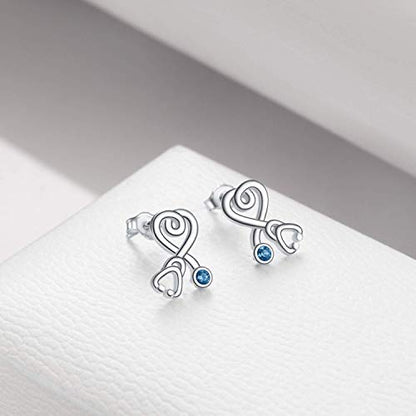 Stethoscope Earrings 925 Sterling Silver Heart Studs Earrings 12 Months Birthstone Crystals from Austria, Graduation Jewelry Gifts for Nurse Doctor RN Medical Student - color: Simulated Aquamarine