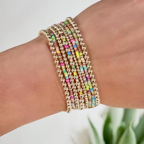 Colorful Stackable Rice Small Mini Seed Beaded Bracelets Set For Women, Handmade Dainty Boho Gold Glass Stretch Accessories Jewelry,Summer Beach Party Daily Friendship Gift - color: Gold175