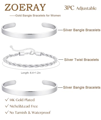 ZOERAY Silver Gold Bangle Bracelets for Women Non Tarnish 14k Gold Plated Stackable Cuff Bracelets for Women Trendy Cubic Zirconia Stainless Steel Chunky Bracelet Stack Set Waterproof Jewelry Gifts - color: C.Rope-Silver